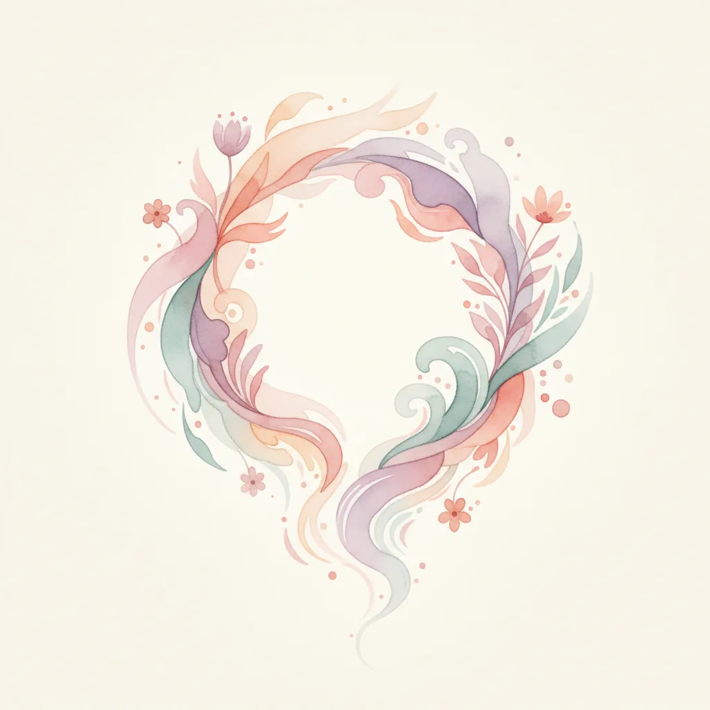 Illustration artistique d'un schéma hormonal féminin, couleurs douces, style aquarelle, fond clair, composition 1:1, symbolisant l'équilibre hormonal et la transformation corporelle à la ménopause.