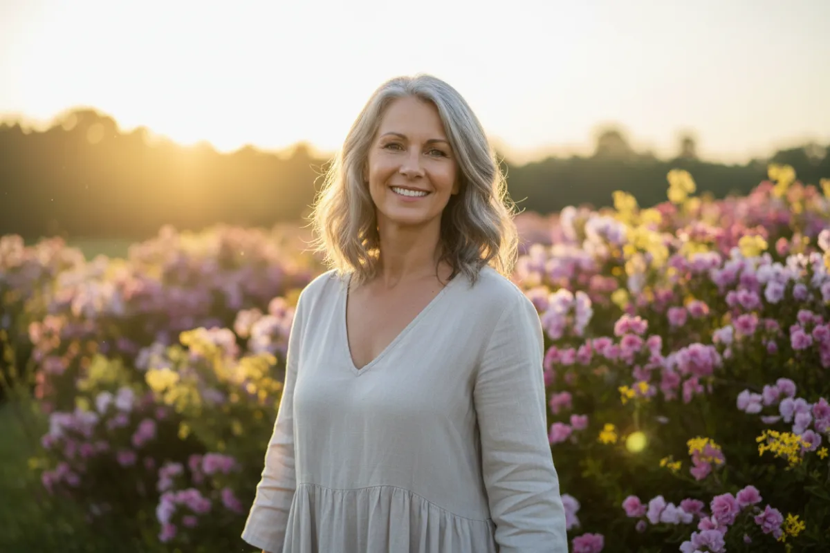 Portrait d'une femme souriante d'âge moyen, cheveux poivre et sel, debout dans un jardin fleuri au lever du soleil, lumière douce, style naturel, ambiance paisible, regard confiant, fond flou, composition 3:2