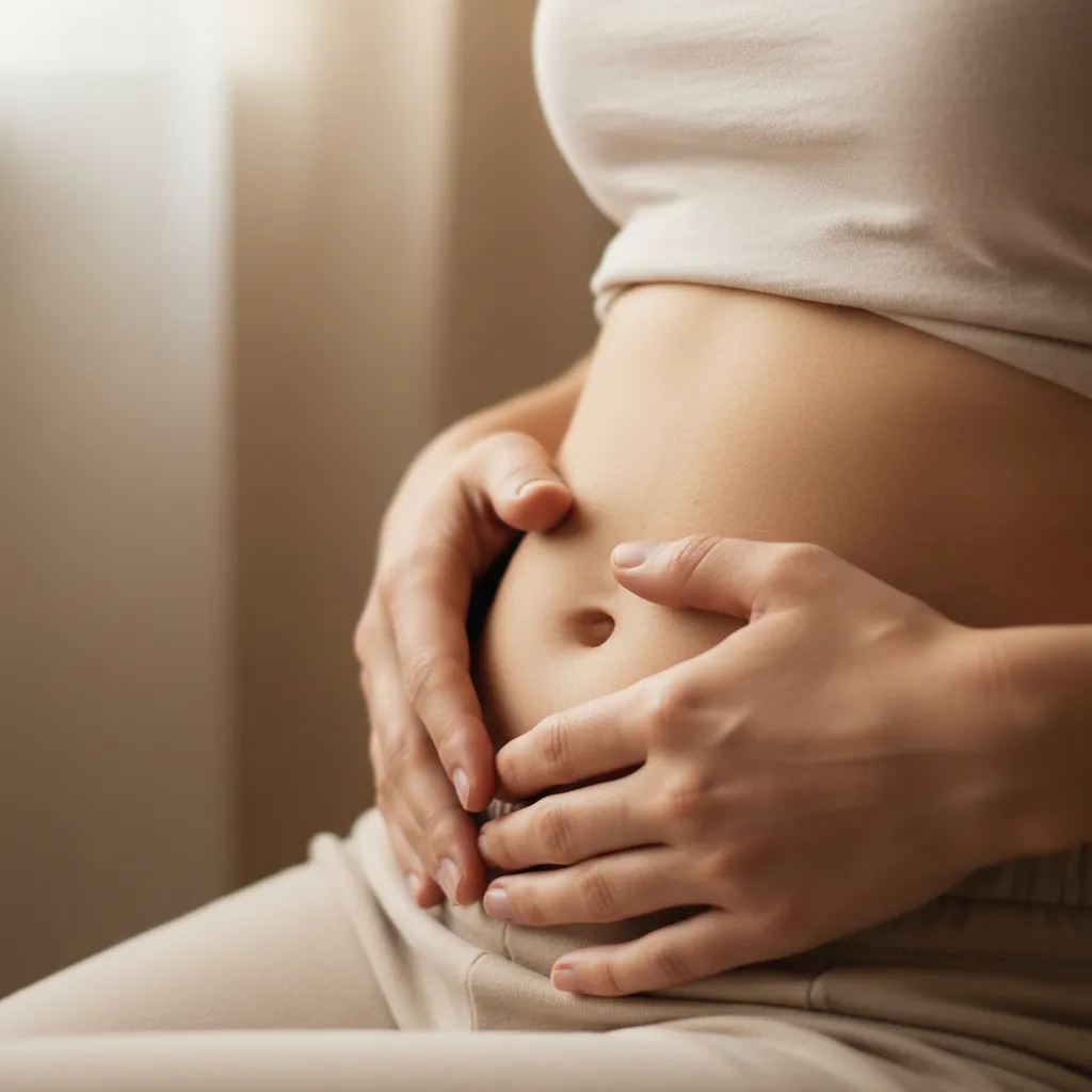 Gros plan sur des mains féminines posées sur le ventre, lumière naturelle, ambiance douce, fond neutre, composition 1:1, symbolisant l'écoute du corps et la bienveillance envers soi-même.