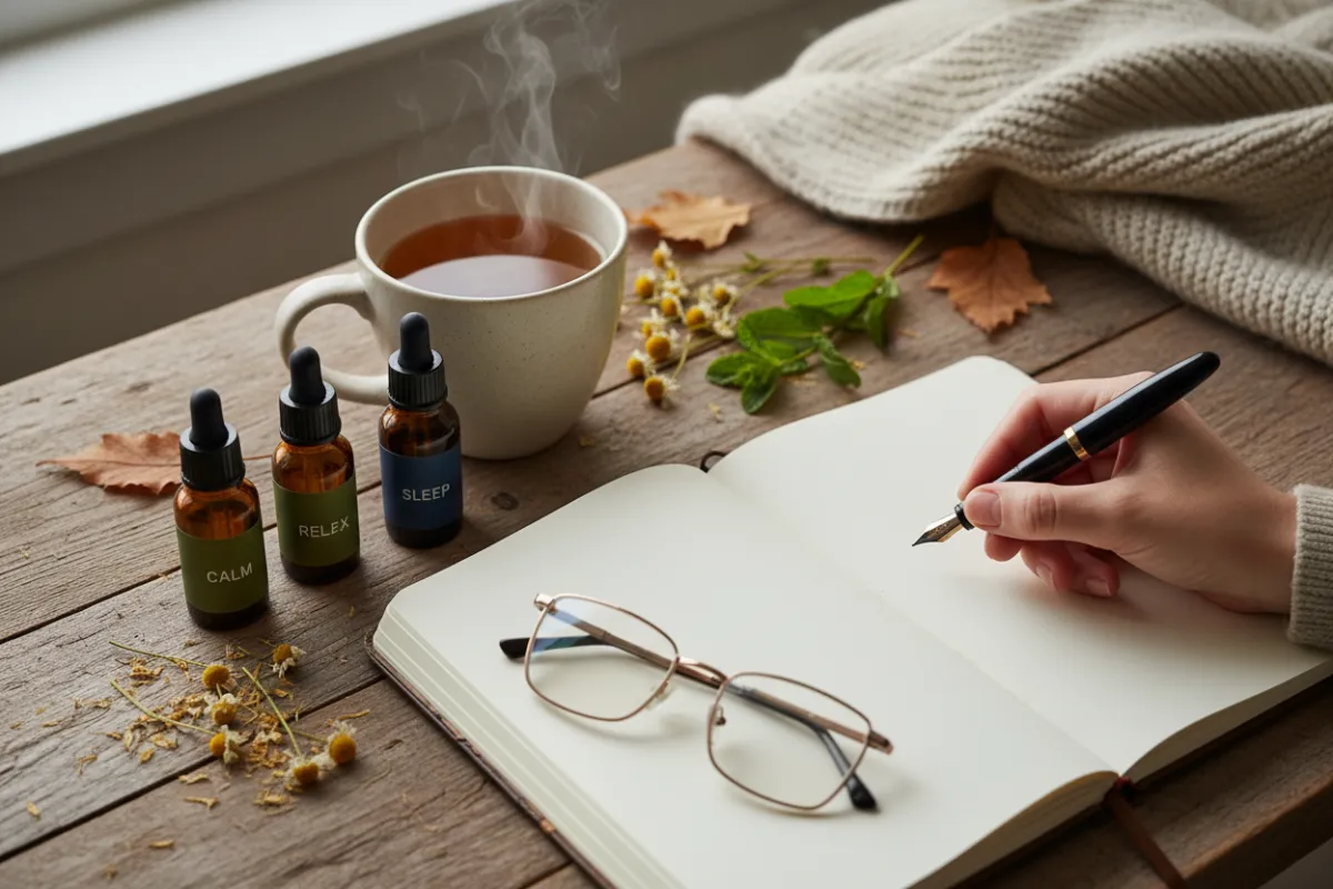 A flat lay of a journal, herbal tea, and calming essential oils on a wooden table, with a hand reaching in to write, symbolizing self-care practices and learning in a peaceful, homey environment.