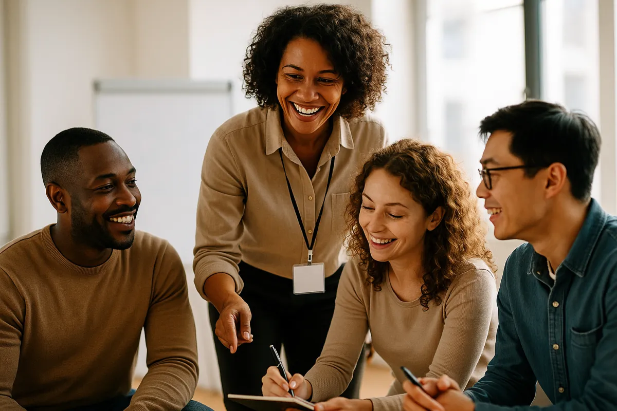 Smiling instructor guiding a small diverse group through a coaching exercise in a bright training room.