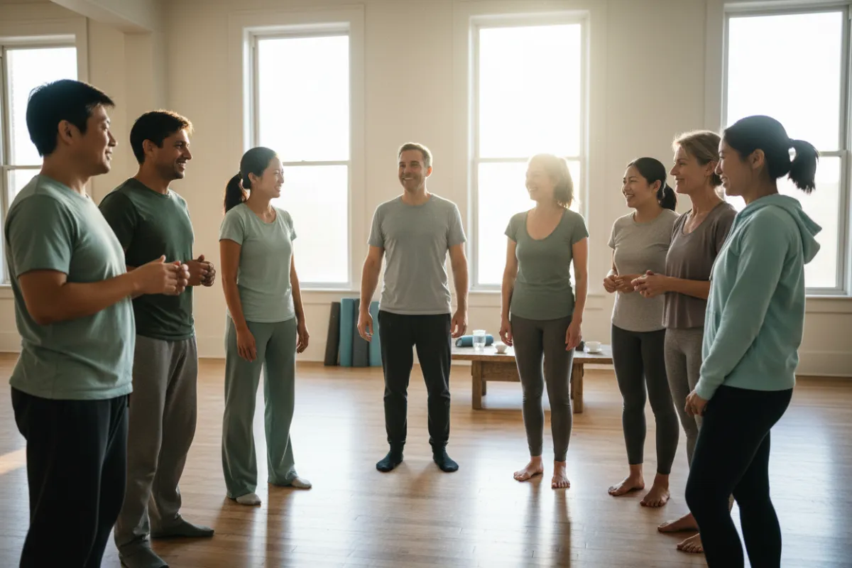 A diverse group of men and women in their 30s to 60s, gathered in a bright studio, smiling and chatting after a qigong class. The group includes various ethnicities, all wearing comfortable workout clothes, with natural sunlight streaming in.