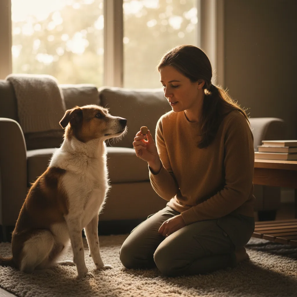 A certified dog trainer kneeling beside a medium-sized rescue dog in a cozy living room, both focused and calm. The trainer gently offers a treat, while the dog sits attentively. Warm, natural light fills the space, highlighting their connection.