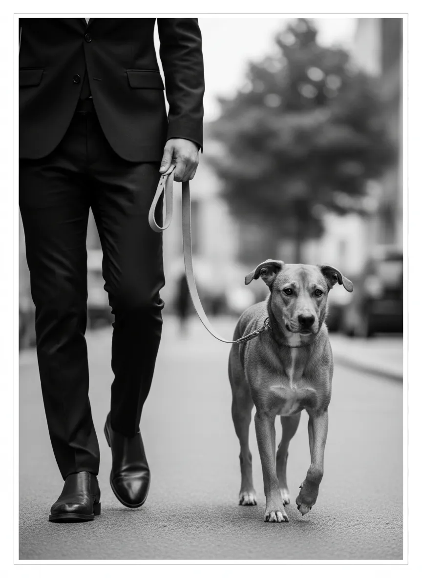Black and white photo of a calm dog walking outdoors on a loose leash