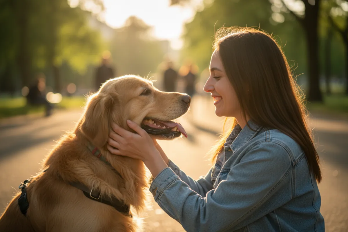 A joyful dog and owner making eye contact in a sunlit park, both relaxed and smiling, capturing a moment of trust and connection. The background is softly blurred, emphasizing their bond and the positive energy of the scene.