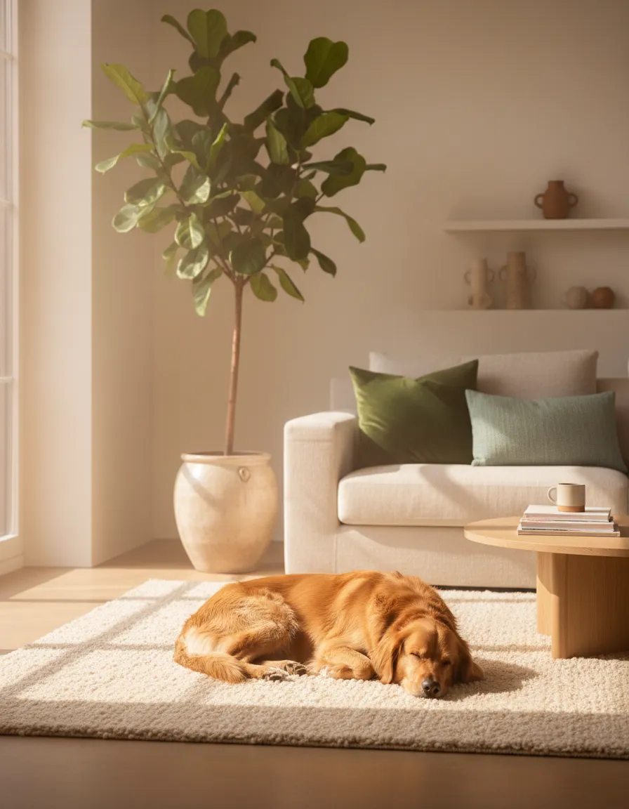 A calm dog resting serenely on a living room rug