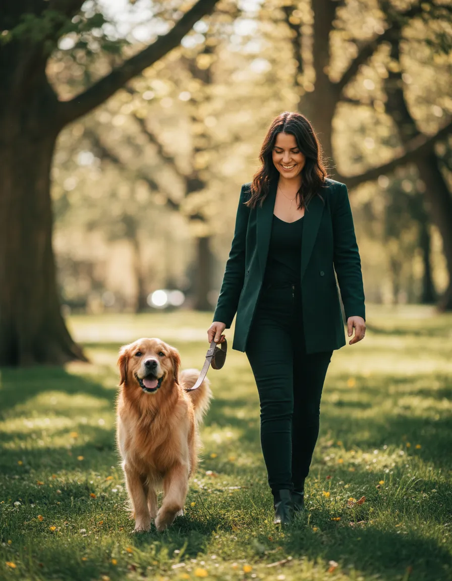 A happy dog walking peacefully on a leash with its owner