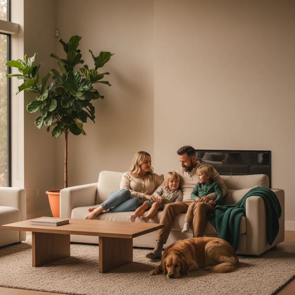 A family enjoying their dog in a relaxed indoor setting