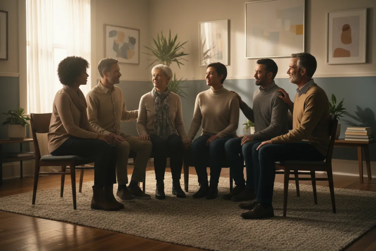 Support group of diverse adults in a calm, welcoming room