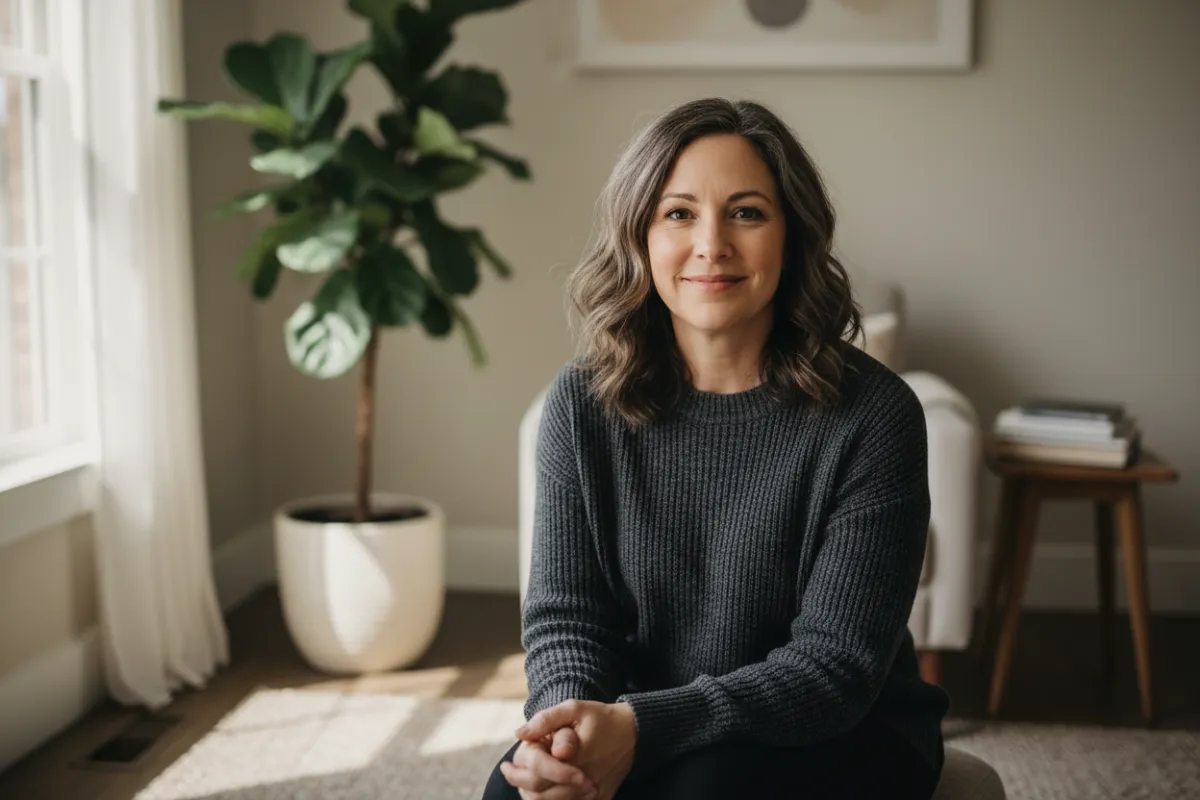 Compassionate counselor in a warm, sunlit therapy room