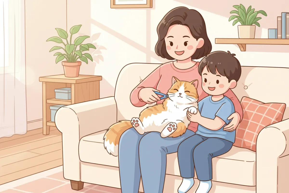 Cartoon: Asian mother and young son trimming a cat's nails at home.