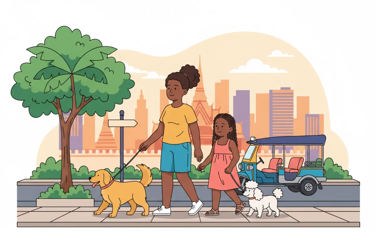 Cartoon-style illustration of an African American mother and daughter walking two dogs in Bangkok with a tuk-tuk, skyline, and tropical trees; warm cheerful colors, flat vector style, daytime lighting, figures as focal point