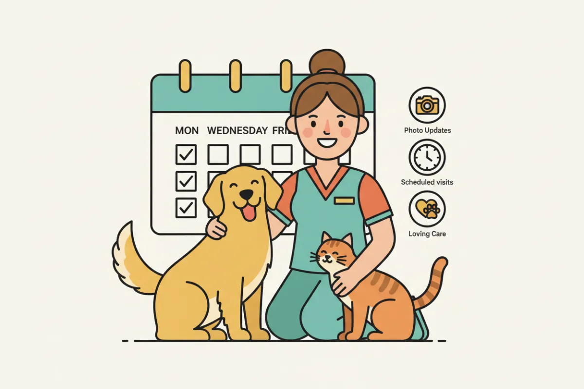 Cartoon-style illustration showing weekly pet-sitting subscription services for Paws and Prodigy Pet Sitting Company