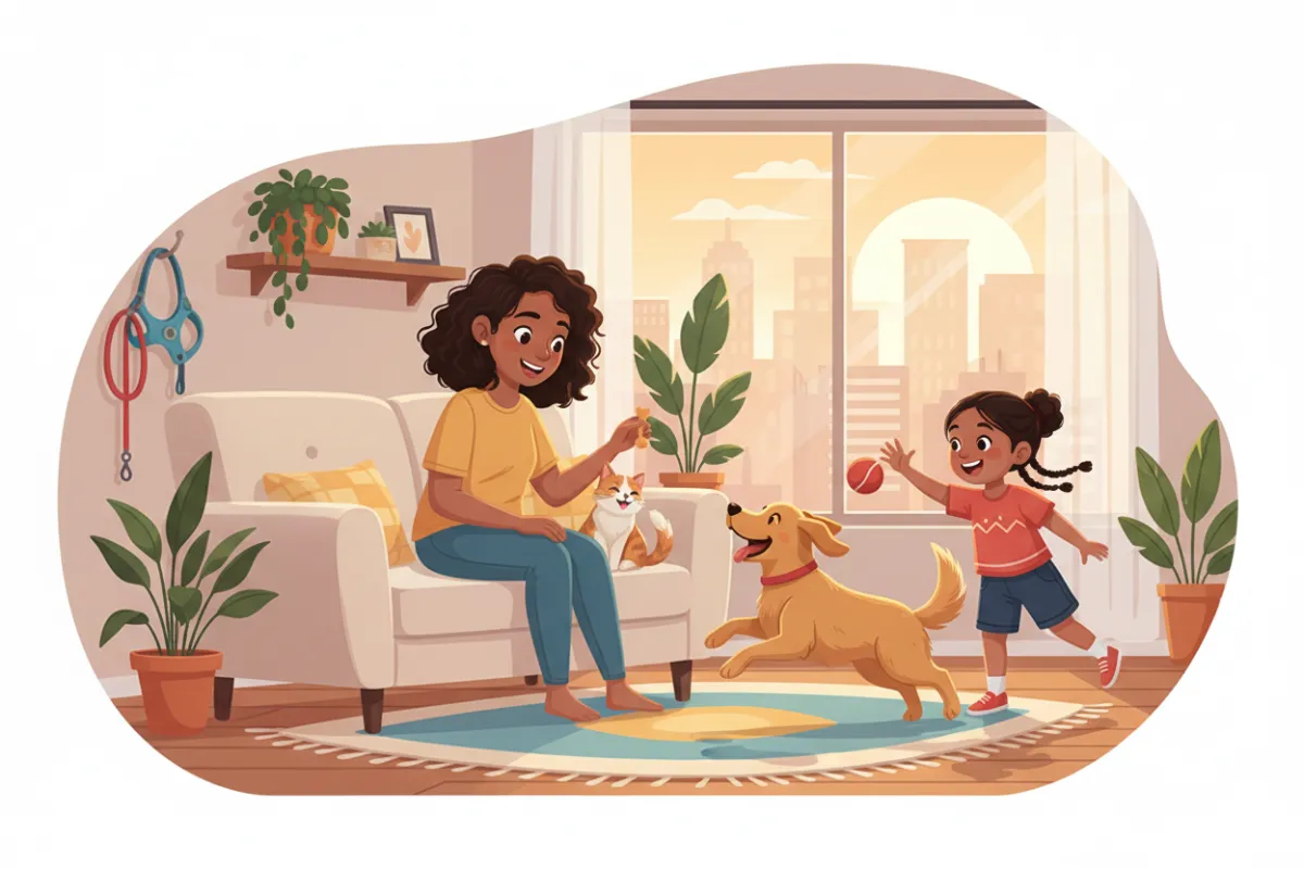 In-home apartment scene of a mother and child pet-sitting together, playing with a dog and cat on a living room rug; warm cozy lighting, realistic friendly illustration