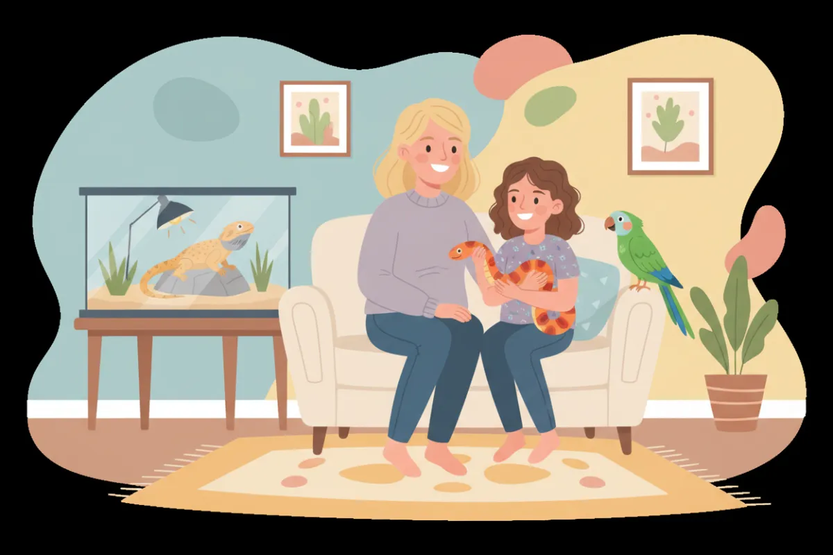 Cartoon illustration of a white mother and daughter pet sitting in a cozy house with a bearded dragon in a terrarium, a corn snake, and a parrot on a perch.