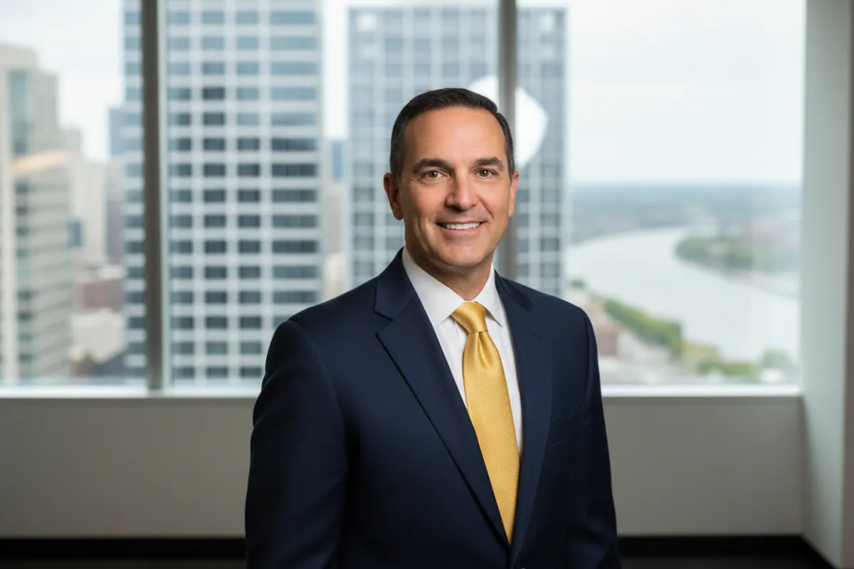 John DeSmiedt, Wealth Architect, smiling confidently in a modern office with city skyline, wearing a navy suit and gold tie, 3:2 aspect ratio, professional portrait, natural light, approachable demeanor, background softly blurred