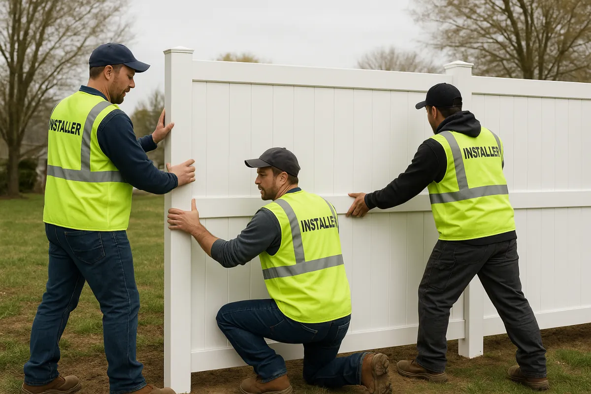 Three-installers team working together to mount a vinyl fence panel along a property line; wide composition showing teamwork, branded safety vests, overcast soft light, photorealistic with a focus on coordinated effort.