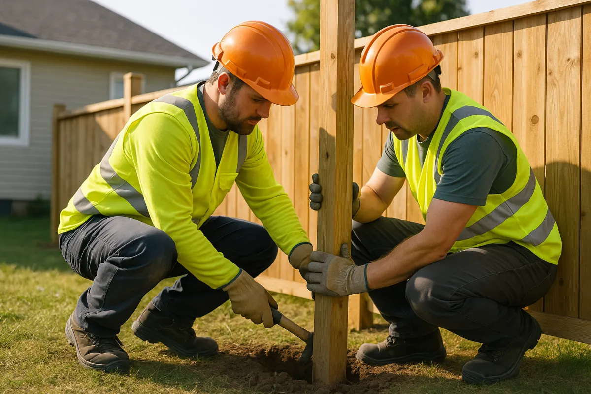 Two professional installers securing a wooden fence post in a suburban yard, emphasizing craftsmanship and teamwork.