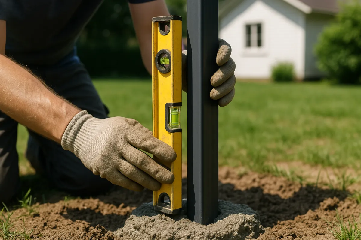Installer leveling a metal fence post while setting concrete in a suburban yard
