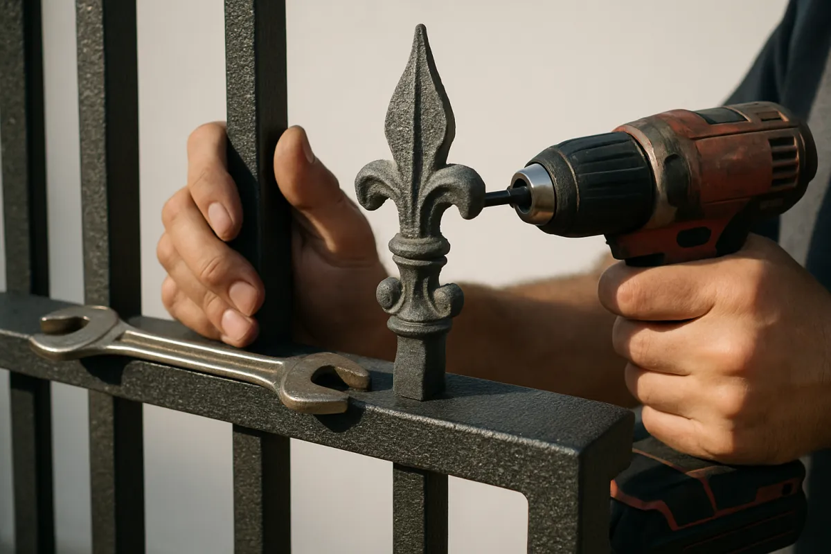 Installer securing decorative metal picket to a gate with tools visible and hands-on detail; close-up landscape orientation, crisp texture on metalwork, natural afternoon light emphasizing craftsmanship.