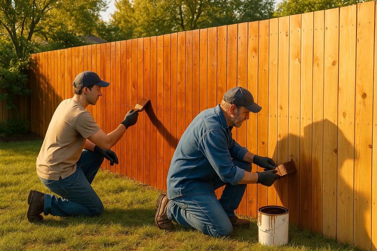 Two crew members finishing staining on a wooden fence panel with brushes and protective gloves; wide shot of backyard, warm golden-hour light, photorealistic composition showcasing finish quality and attention to detail.