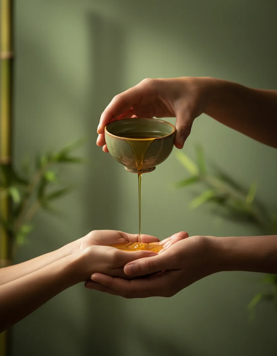 Expert massage therapist gracefully preparing therapeutic oils for a traditional Chinese Tui Na massage