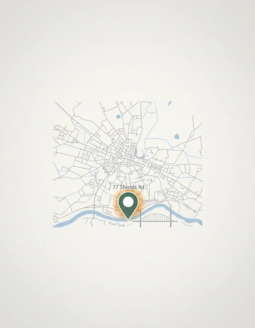 Desaturated minimal Google map of Byker Newcastle upon Tyne with a Sage green pin for Eastern Health Chinese Spa