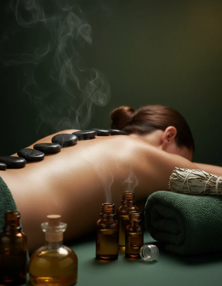 A wellness setting showing smooth massage stones and restorative essential oils