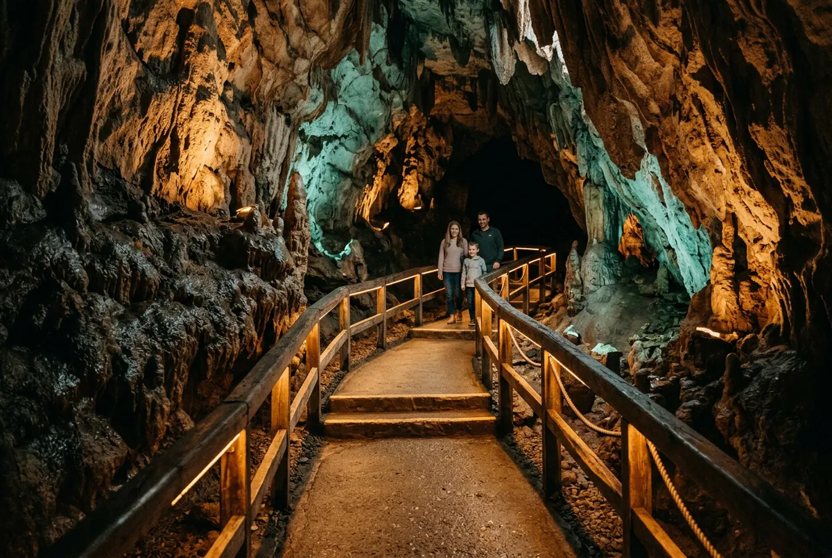 Illuminated rock cavern pathway with safe handrails for guided family walks