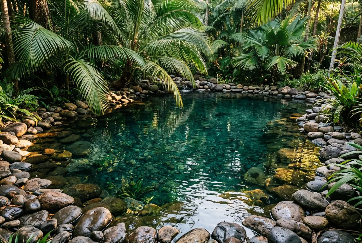 Crystal clear eco pool framed by smooth river stone and palms