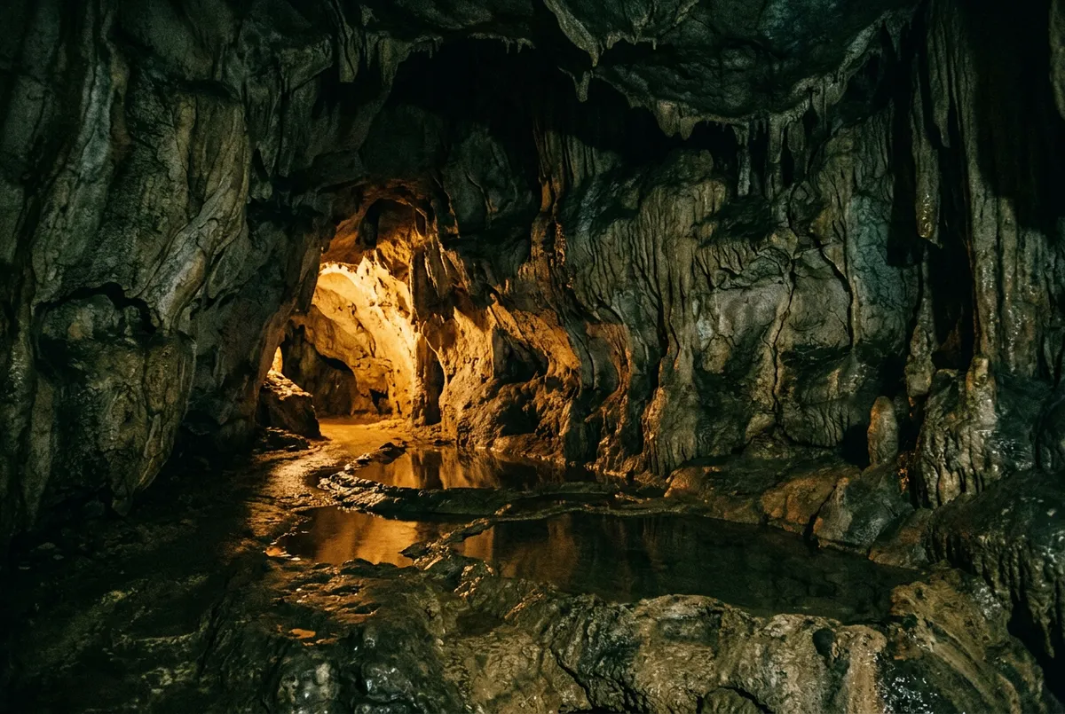Atmospheric limestone cavern with ambient golden lighting