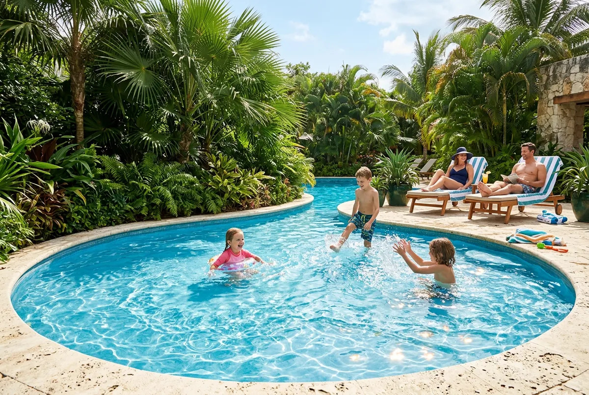 Crystal-clear shallow family splash pool surrounded by native palm landscaping