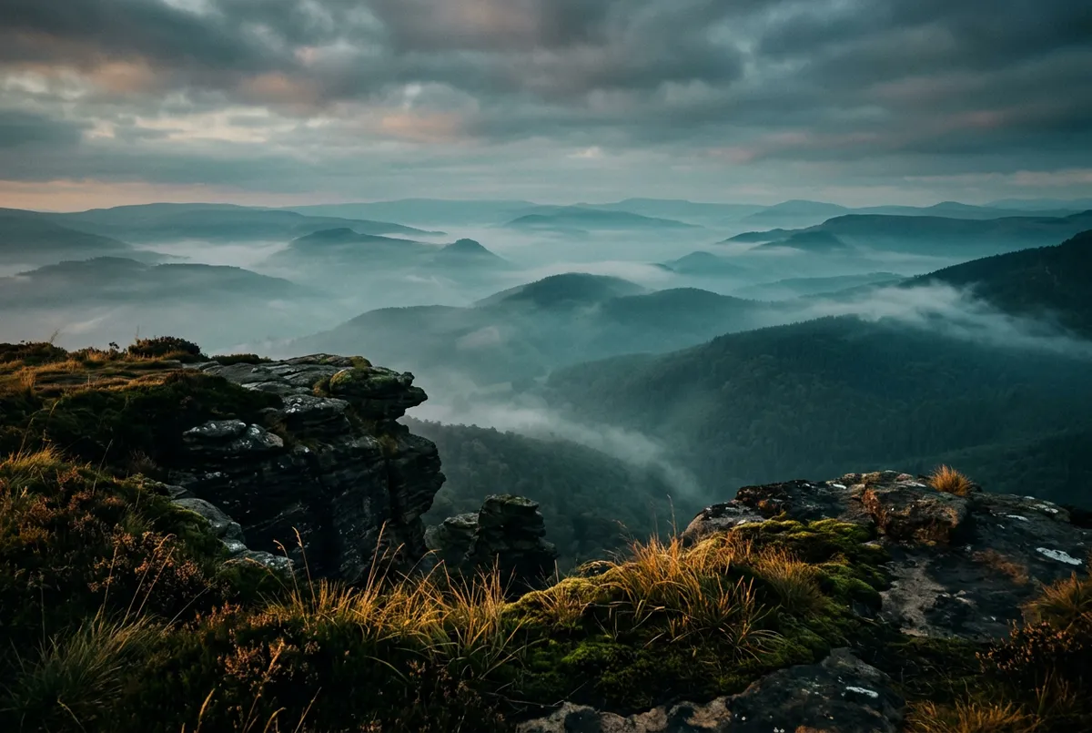 Scenic cliff viewpoint overlooking misty green hills