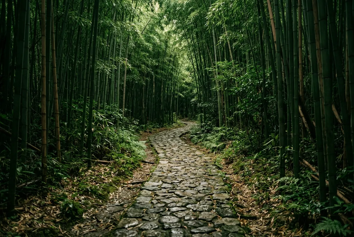 Winding cobblestone path through serene bamboo forest