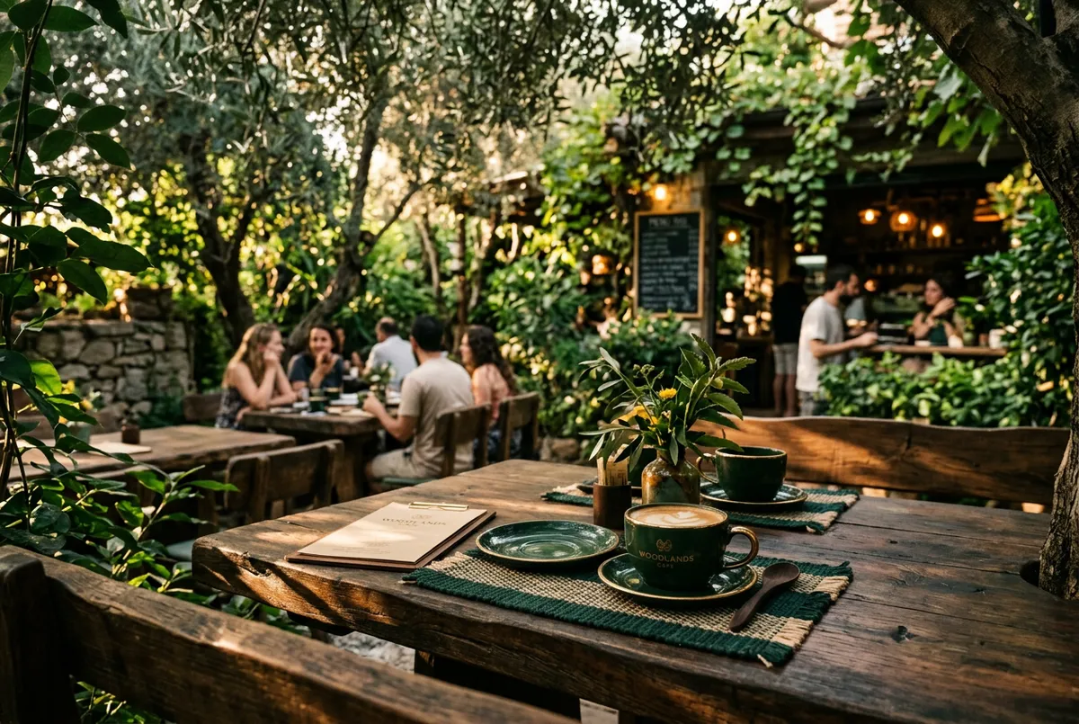 Open-air cafe with artisanal wood tables nestled in greenery