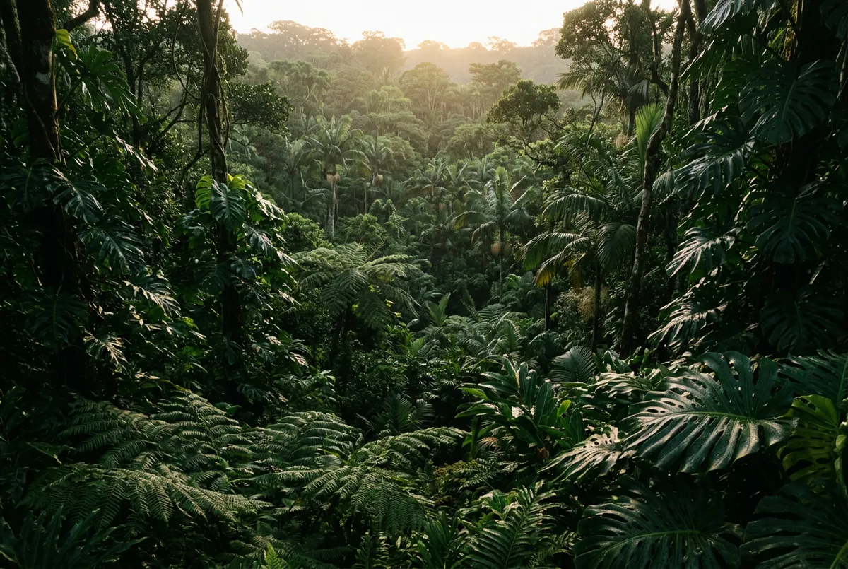Lush canopy trees and tropical ferns at Solong eco-park