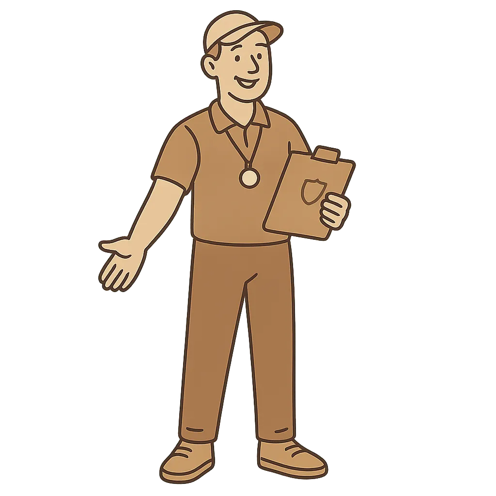 Illustrated full-body coach figure with clipboard, warm neutral palette, friendly smile.