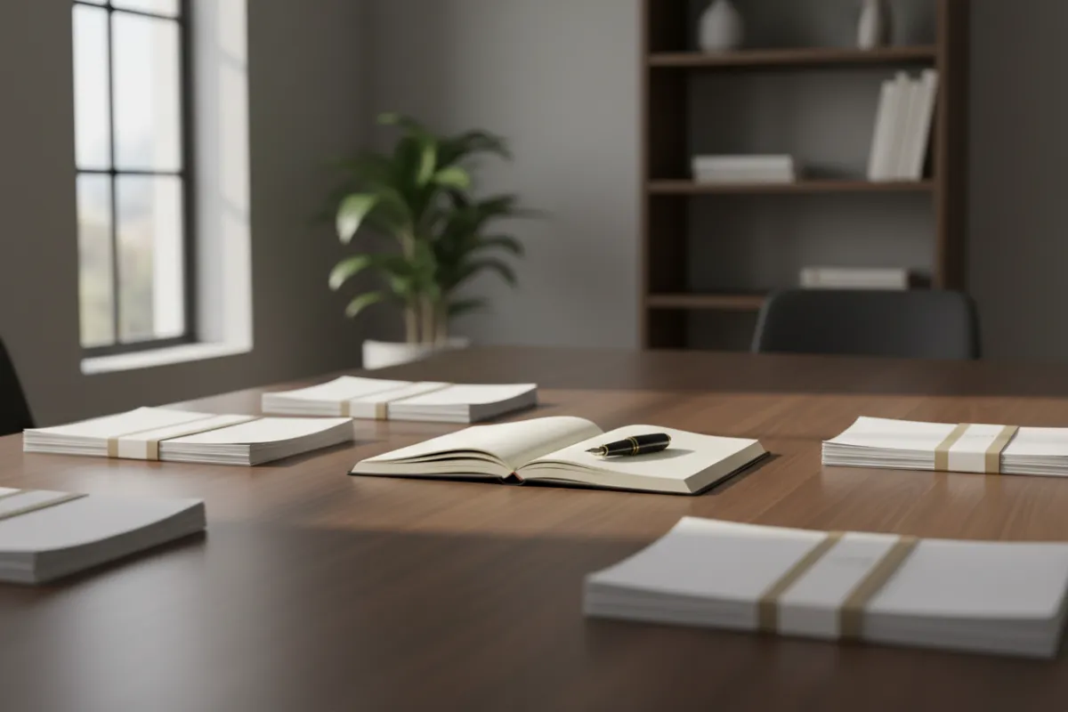 A strategic planning table with a single, open notebook and a pen, surrounded by neatly stacked documents. The scene is calm, with soft daylight, 3:2 aspect ratio, no digital devices, symbolizing clarity and focus.