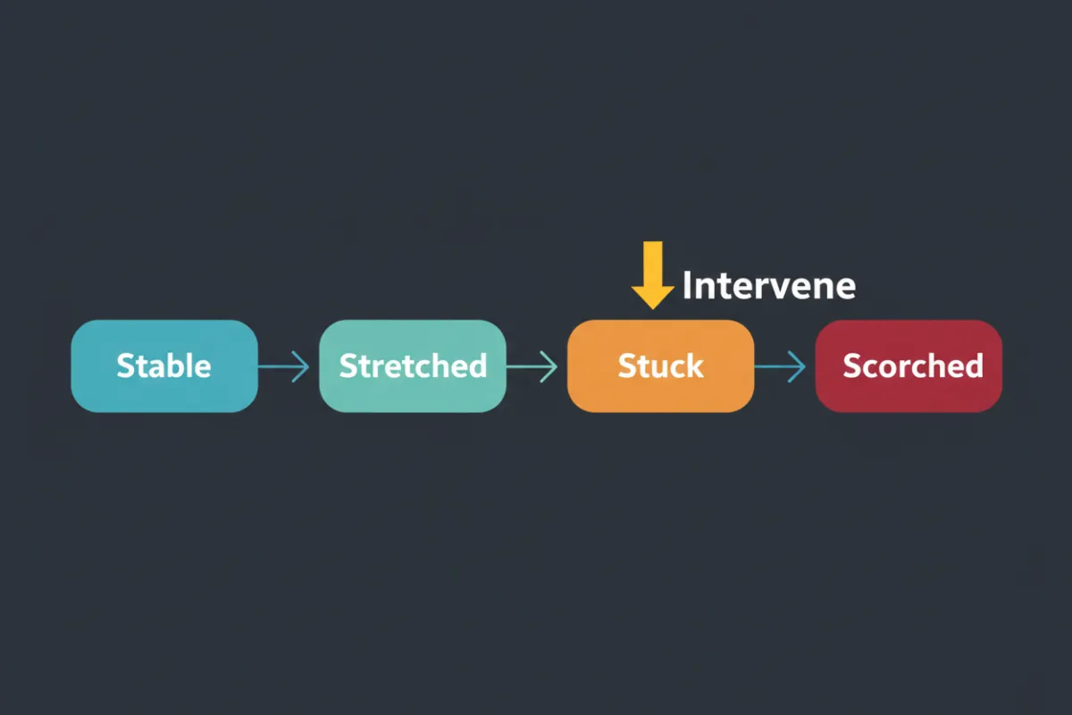 A simple flow chart showing the progression: 'Stable → Stretched → Stuck → Scorched', with intervention indicated at the 'Stuck' and 'Scorched' stages.