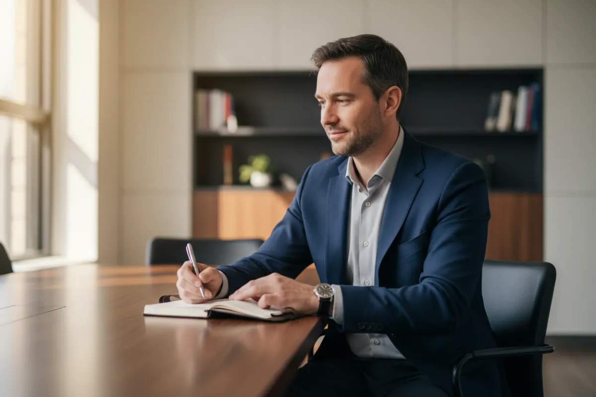 Modern professional photo of a man sitting at a table holding a pen in his hand, business attire, natural light.