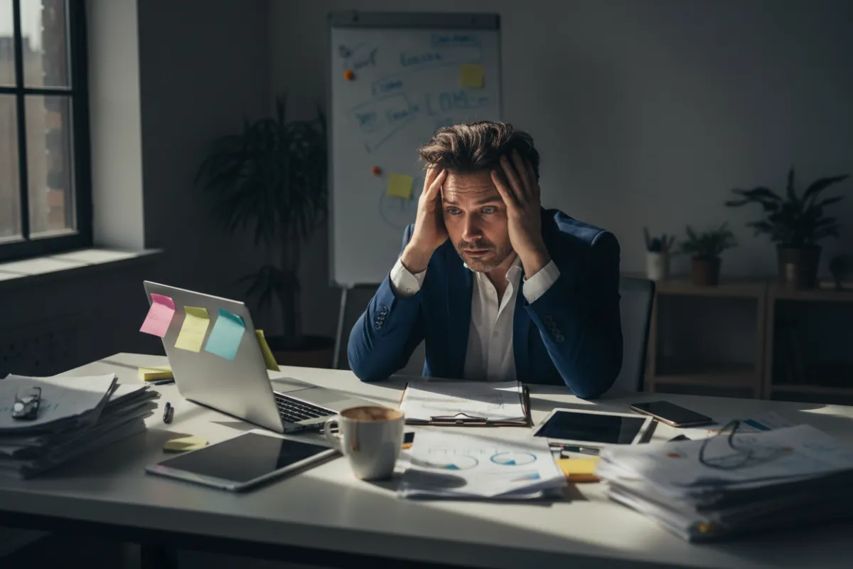 A modern chaotic workspace showing a stressed business owner at a cluttered desk with scattered papers and devices; executive styling and a high-trust professional tone.