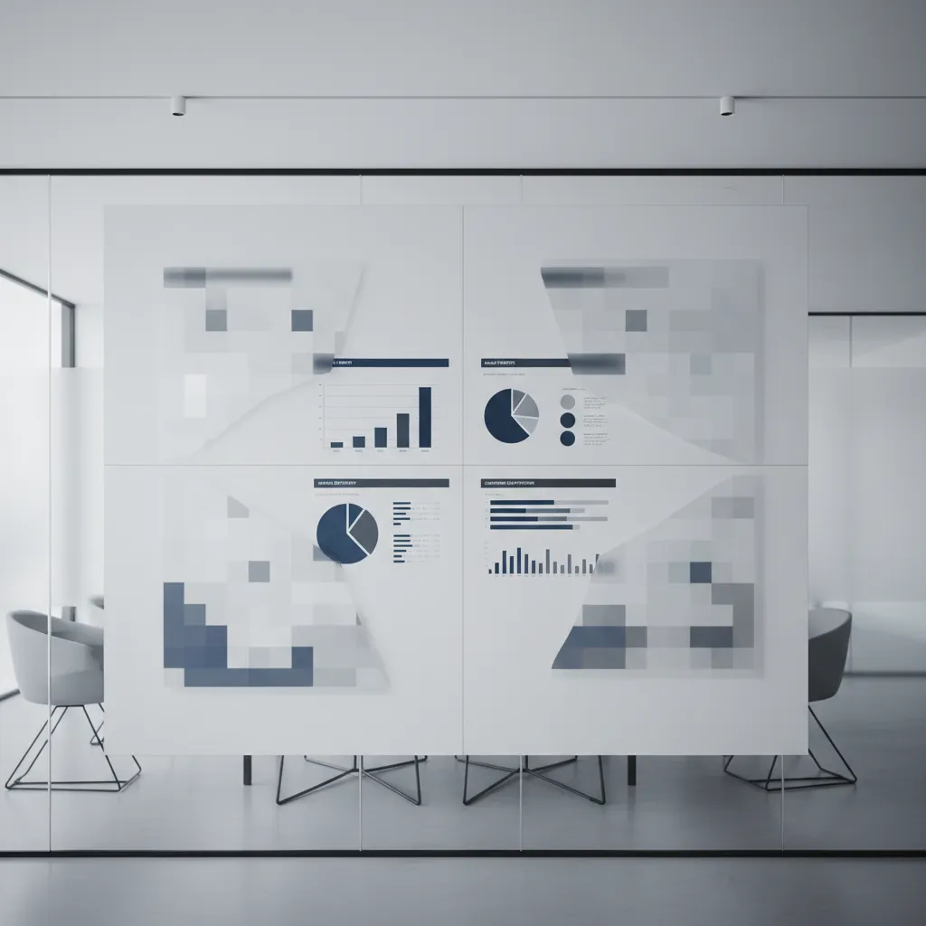 A close-up of a dealership's operations whiteboard with key metrics highlighted, but several areas are blurred or obscured, symbolizing hidden gaps. The scene is in a modern office, 1:1 aspect ratio, cool neutral tones, no people present.