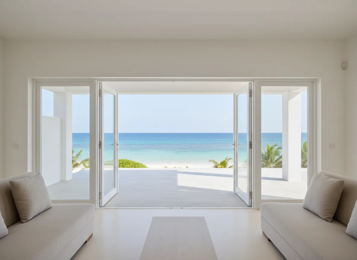 Modern PVC sliding doors overlooking the ocean in Zanzibar