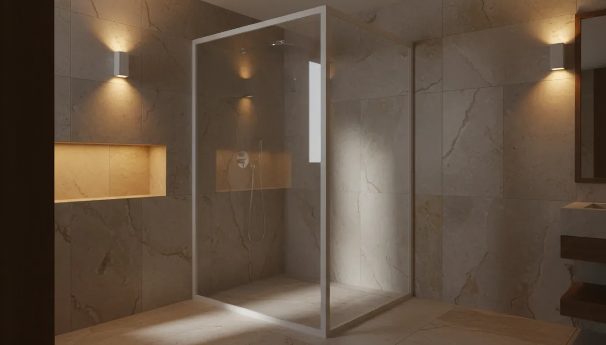 Elegant glass shower cabin with PVC framing in a Zanzibar hotel bathroom