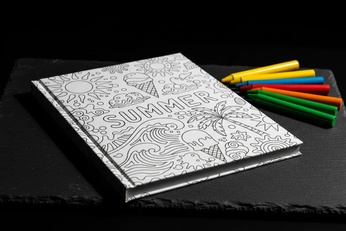 A personalized coloring book with summer-themed illustrations and crayons beside it.