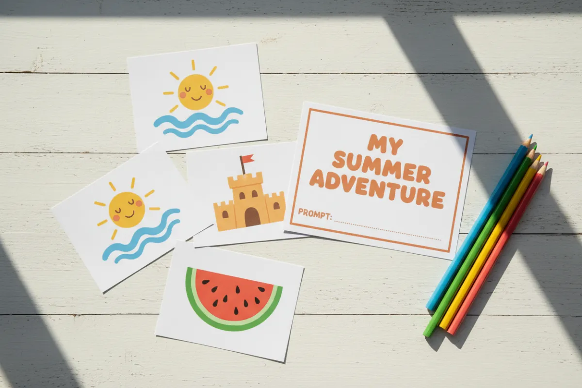 Summer-themed activity cards and a personalized story prompt with colored pencils on white wood.