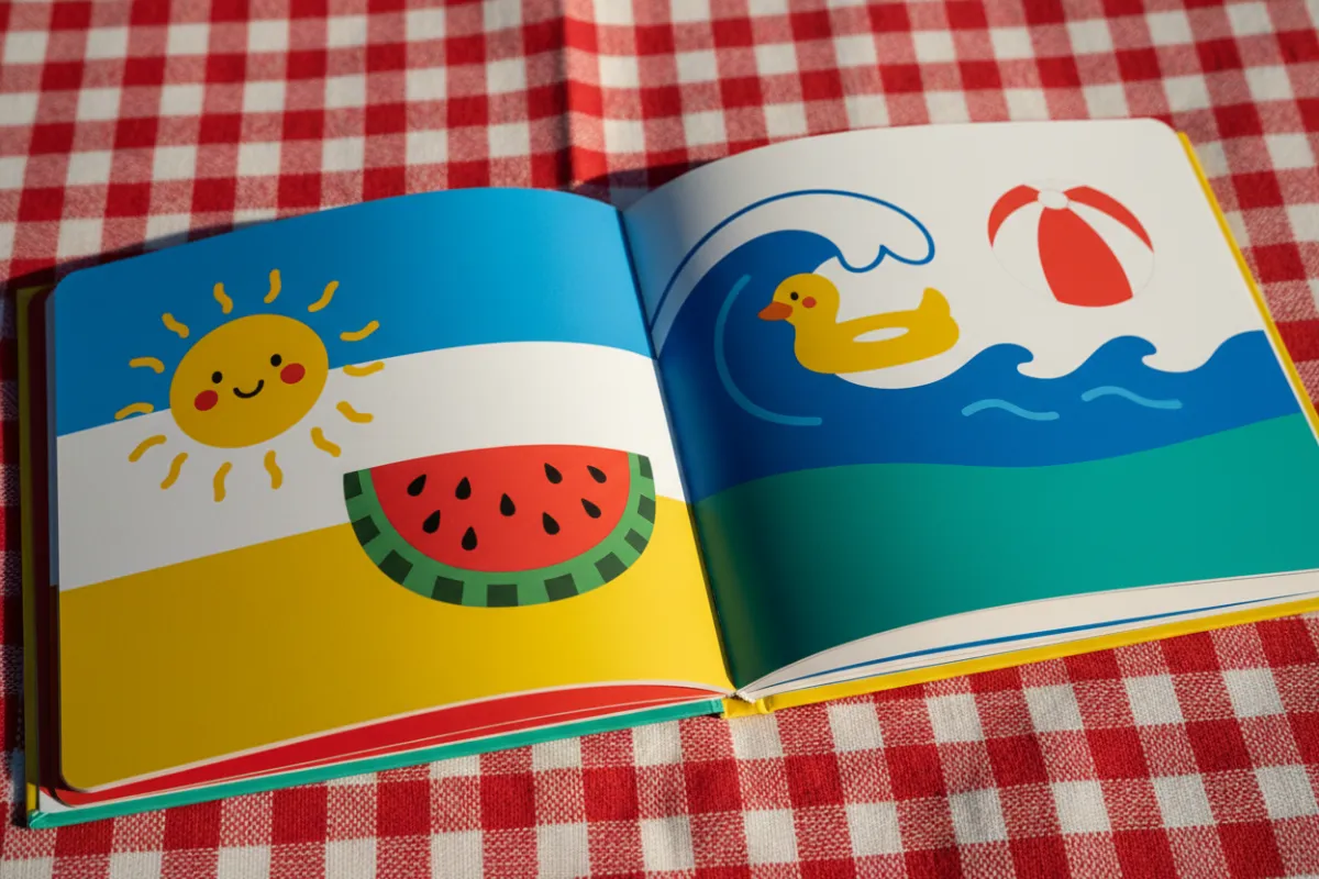 Toddler-friendly illustrated pages laid open on a picnic blanket with summer motifs.