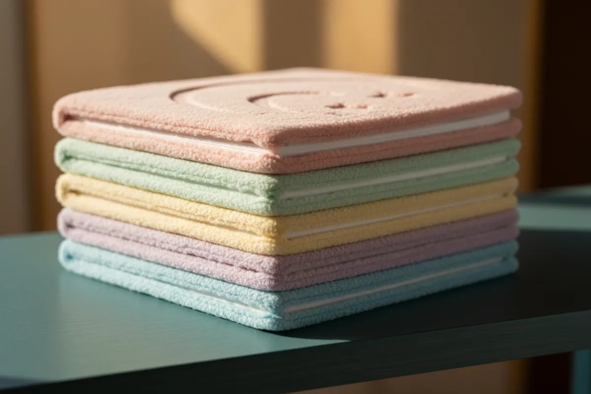 A stack of personalized baby books with pastel covers on a teal shelf.