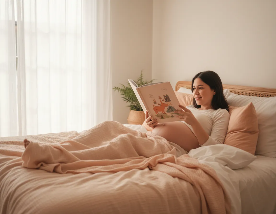 Expecting parent reading a book to baby during pregnancy in a warm, peaceful room
