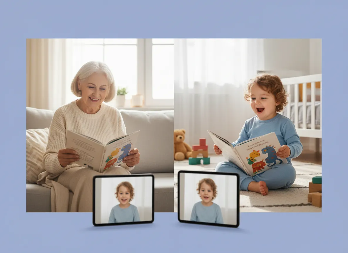 Grandparent reading the same LearningTime Canada book over video call with a young child